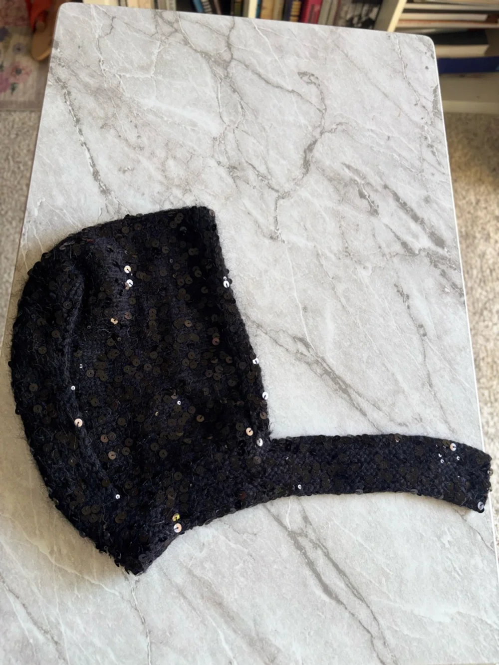 NWOT LE PETIT AGNEAU Black Sequin Hat with Chin Strap- Cashmere & angora. S/M